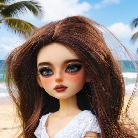 A close up portrait of a beautiful beach fashion doll with long brown hair and blue eyes, wearing a white lace summer top.
