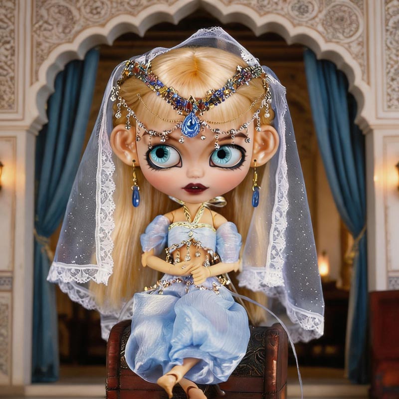 Icy Blue Genie Costume for 11-Inch Fashion Dolls – 3PCS Lace Veil, Beaded Top & Flowing Pants, Arabian Palace Princess Outfit, Kawaii Oriental Doll Clothes