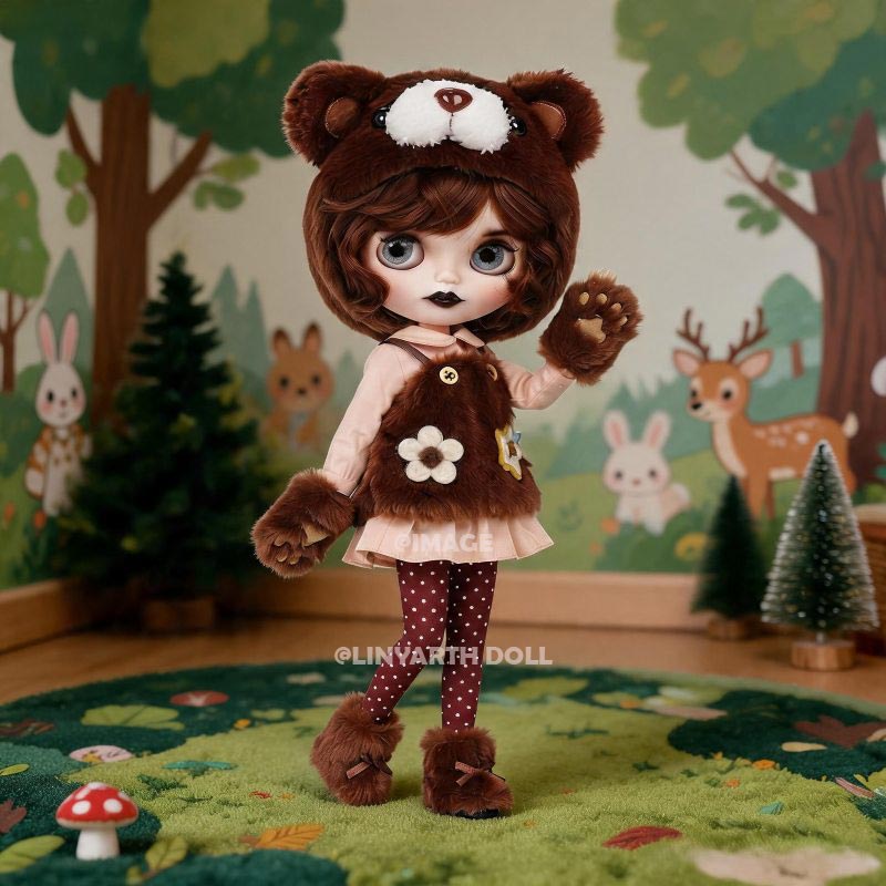 Teddy Bear Faux Fur Overalls Set for 30cm Dolls, Kawaii Plush Hoodie & Polka Dot Pants, Cozy Autumn Outfit for 1/6 Scale Fashion Figures