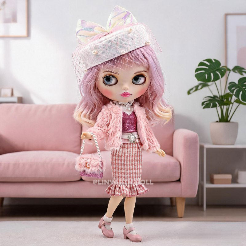 Pink Preppy Tweed Outfit for 1/6 Scale Dolls, Vintage Beret & Faux Fur Jacket, Elegant Kawaii Set for 30cm Dolls