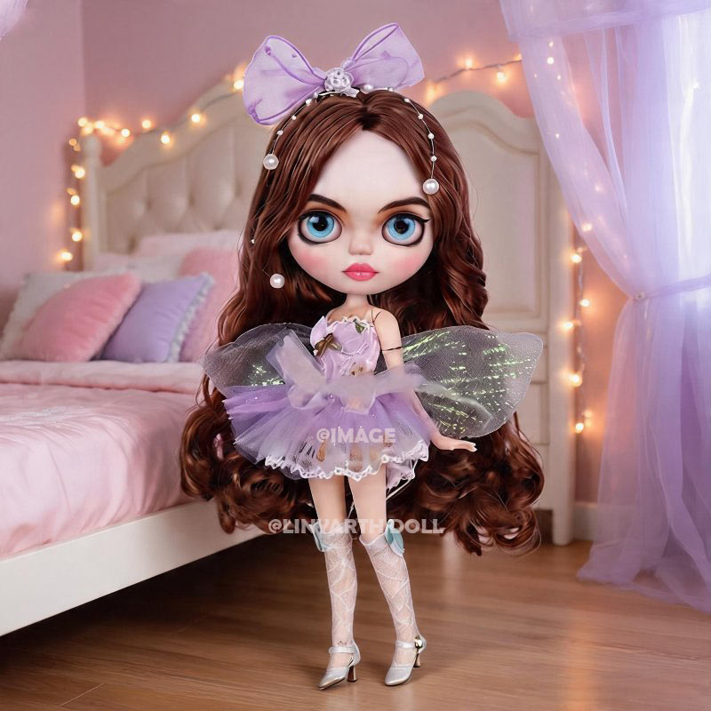 Iridescent Fairy Outfit for 30cm Dolls, Lavender Tulle Dress with Wings, Pearls & Stockings for 1/6 Scale Blythe