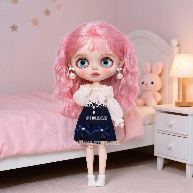 Sailor Style Nautical Dress for 30cm Dolls, Off-Shoulder Puff Sleeve with Pearl Details, 1/6 Scale Princess Outfit