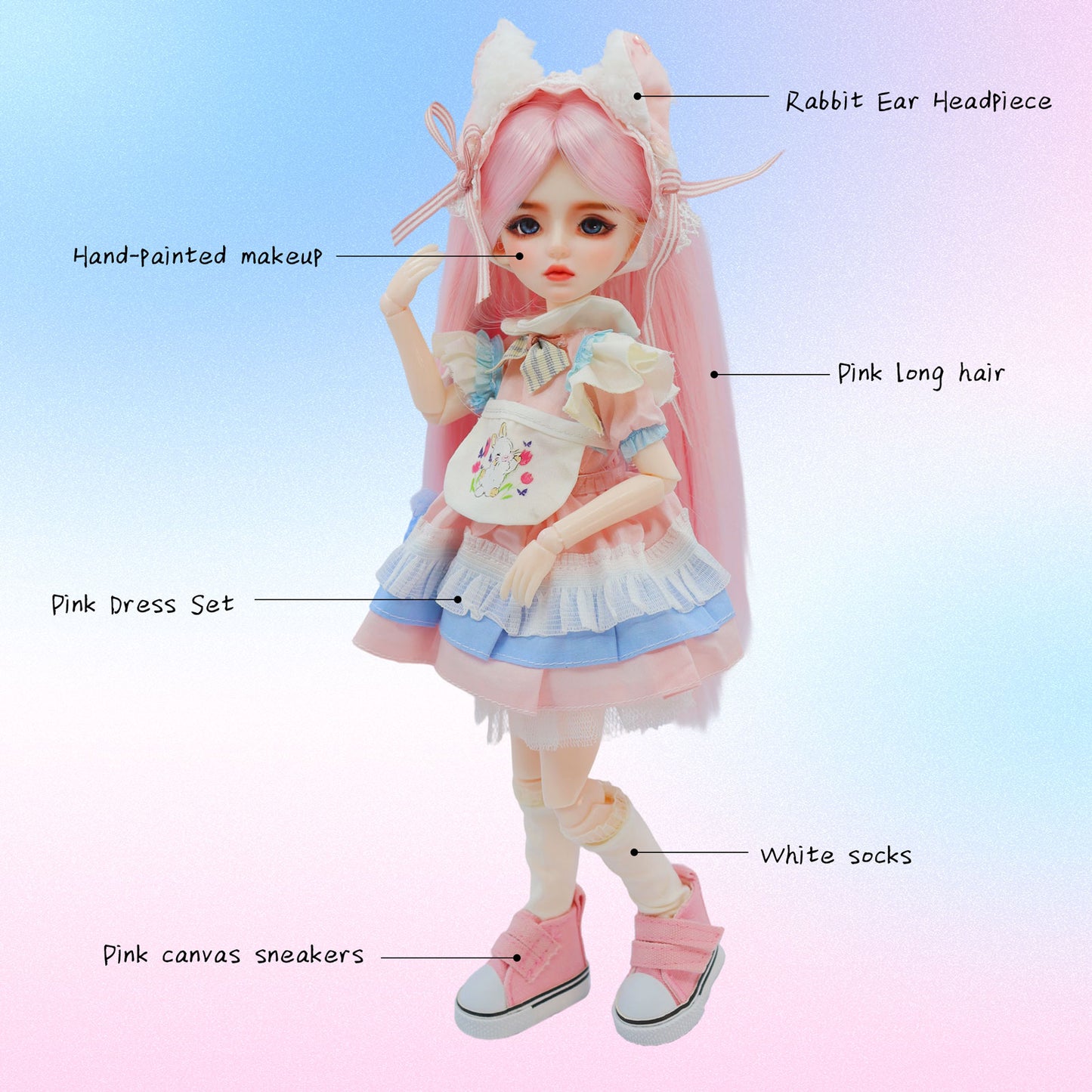 1/6 BJD Doll Bunny Ears Sweet Lolita 30cm Hand-Painted Face Poseable Gift (Luna)