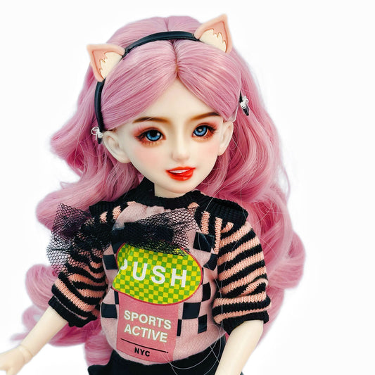 1/6 Scale BJD Doll Gamer Cat Ear 30cm Hand-Painted Face Poseable Gift（Kiki)