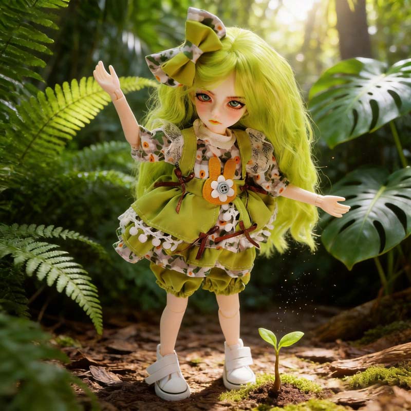 30cm Hand-Painted BJD Doll – 12in Articulated Anime Smart Ball Jointed Doll with Grass-Green Hair & Nature Outfit （SAGA)