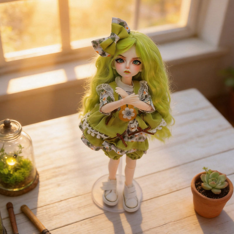 30cm Hand-Painted BJD Doll – 12in Articulated Anime Smart Ball Jointed Doll with Grass-Green Hair & Nature Outfit （SAGA)