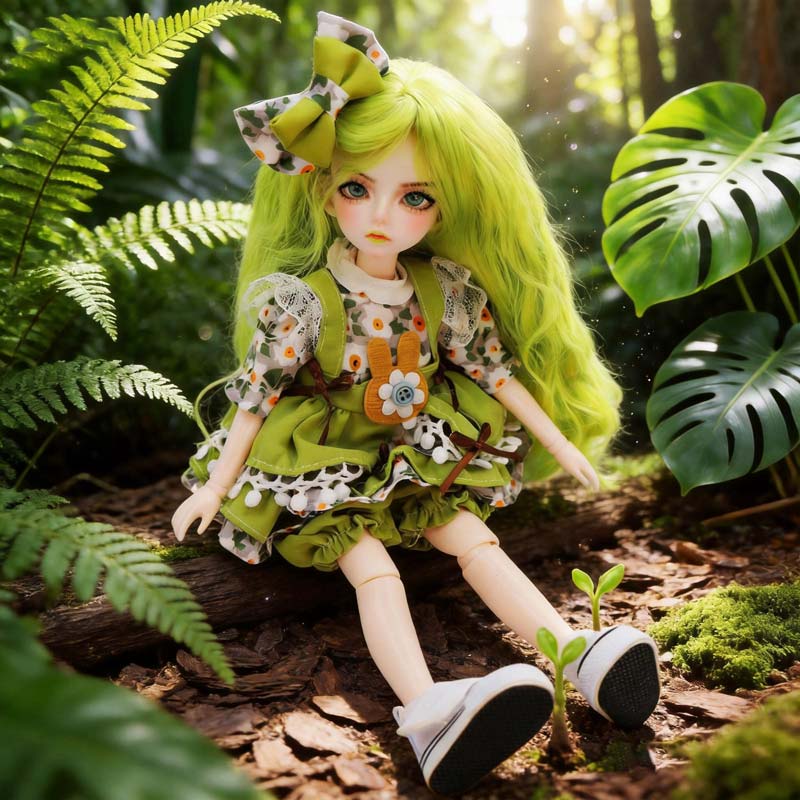 30cm Hand-Painted BJD Doll – 12in Articulated Anime Smart Ball Jointed Doll with Grass-Green Hair & Nature Outfit （SAGA)
