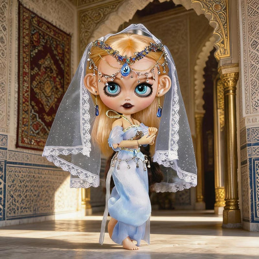 Icy Blue Genie Costume for 11-Inch Fashion Dolls – 3PCS Lace Veil, Beaded Top & Flowing Pants, Arabian Palace Princess Outfit, Kawaii Oriental Doll Clothes