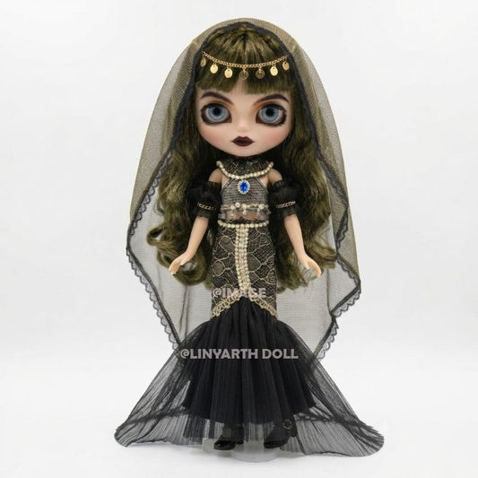 Gothic Belly Dance Costume for 30cm Dolls, Black Tulle Fishtail Gown with Veil, Exotic Oriental Outfit for 1/6 Scale Fashion Figures