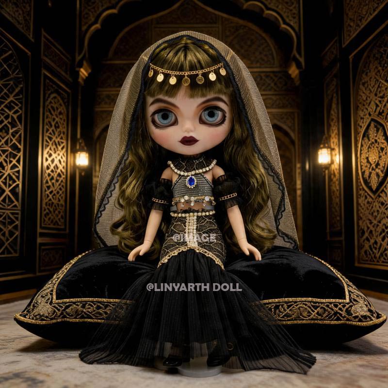 Gothic Belly Dance Costume for 30cm Dolls, Black Tulle Fishtail Gown with Veil, Exotic Oriental Outfit for 1/6 Scale Fashion Figures