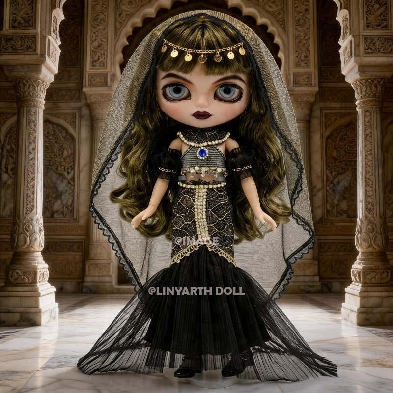 Gothic Belly Dance Costume for 30cm Dolls, Black Tulle Fishtail Gown with Veil, Exotic Oriental Outfit for 1/6 Scale Fashion Figures