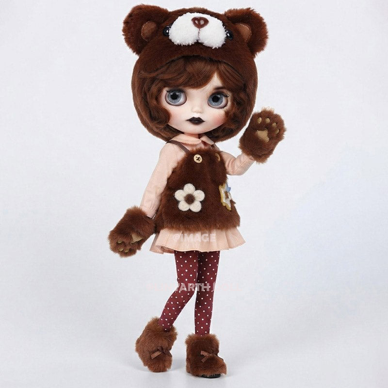 Teddy Bear Faux Fur Overalls Set for 30cm Dolls, Kawaii Plush Hoodie & Polka Dot Pants, Cozy Autumn Outfit for 1/6 Scale Fashion Figures