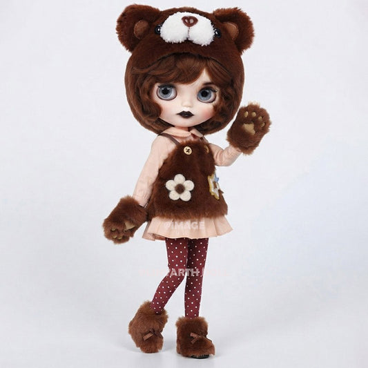 Teddy Bear Faux Fur Overalls Set for 30cm Dolls, Kawaii Plush Hoodie & Polka Dot Pants, Cozy Autumn Outfit for 1/6 Scale Fashion Figures