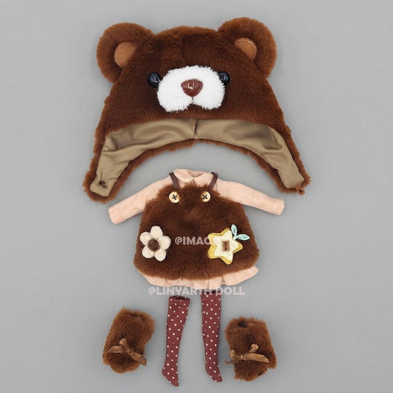 Teddy Bear Faux Fur Overalls Set for 30cm Dolls, Kawaii Plush Hoodie & Polka Dot Pants, Cozy Autumn Outfit for 1/6 Scale Fashion Figures