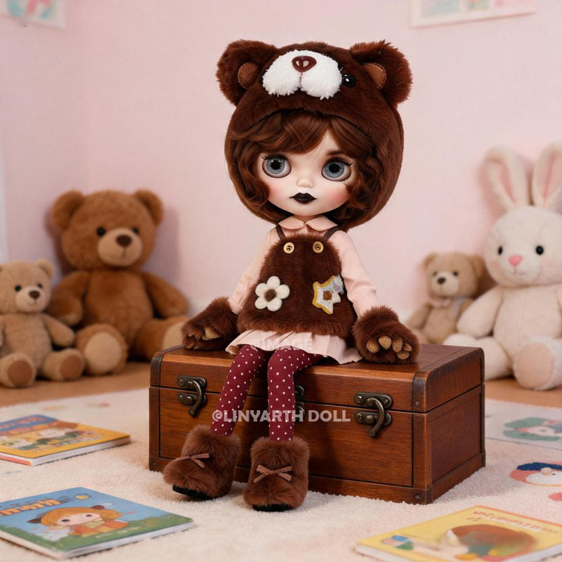 Teddy Bear Faux Fur Overalls Set for 30cm Dolls, Kawaii Plush Hoodie & Polka Dot Pants, Cozy Autumn Outfit for 1/6 Scale Fashion Figures