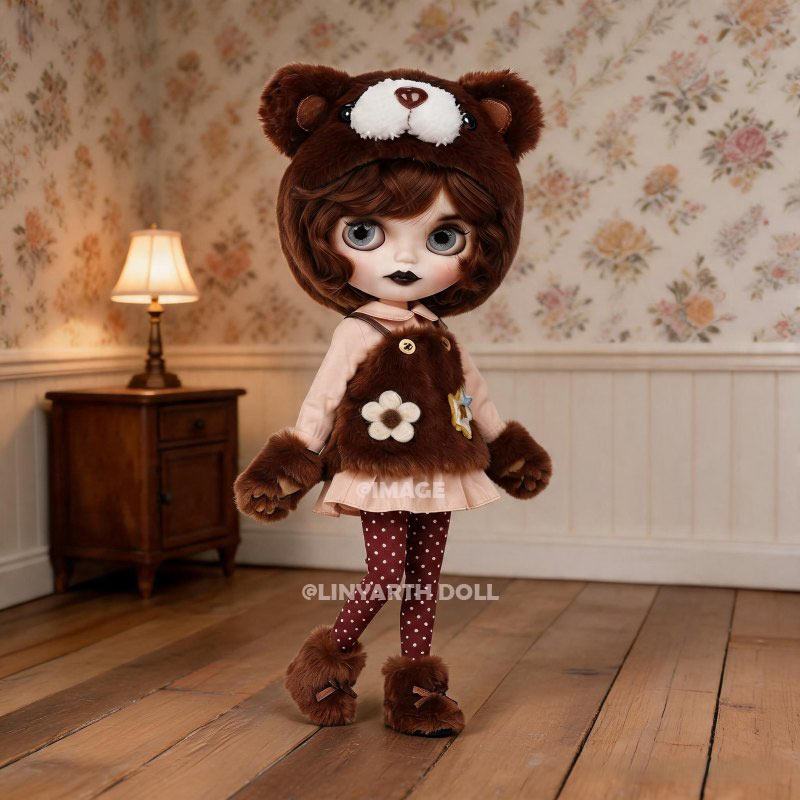 Teddy Bear Faux Fur Overalls Set for 30cm Dolls, Kawaii Plush Hoodie & Polka Dot Pants, Cozy Autumn Outfit for 1/6 Scale Fashion Figures