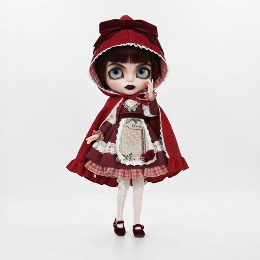 Gothic Red Riding Hood Costume for 30cm Dolls, Dark Velvet Cape with Lace Trim, Vintage Storybook Outfit for 1/6 Scale Fashion Figures