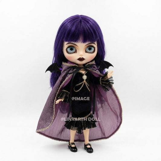 Gothic Vampire Bat Outfit for 30cm Dolls, Purple Tulle Cape with Wings, Dark Fairy Tale Dress Set for 1/6 Scale Figures