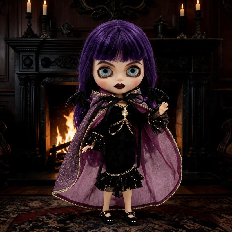 Gothic Vampire Bat Outfit for 30cm Dolls, Purple Tulle Cape with Wings, Dark Fairy Tale Dress Set for 1/6 Scale Figures