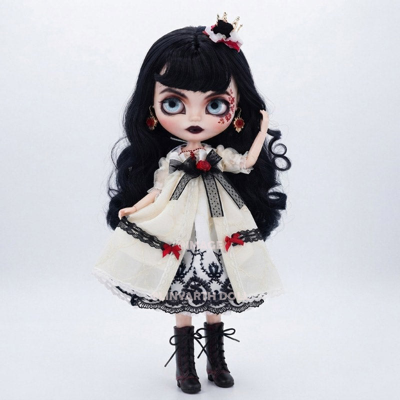 Gothic Blood Princess Dress for 30cm Dolls, Black White Red Victorian Gown, Elf Ear Headband Set for 1/6 Scale Figures