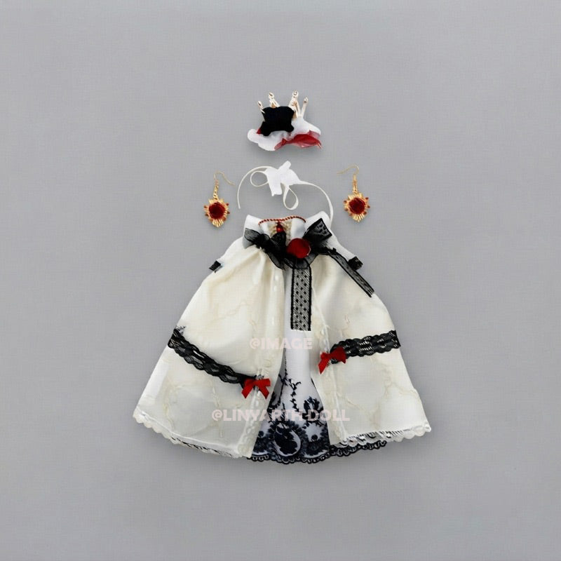 Gothic Blood Princess Dress for 30cm Dolls, Black White Red Victorian Gown, Elf Ear Headband Set for 1/6 Scale Figures