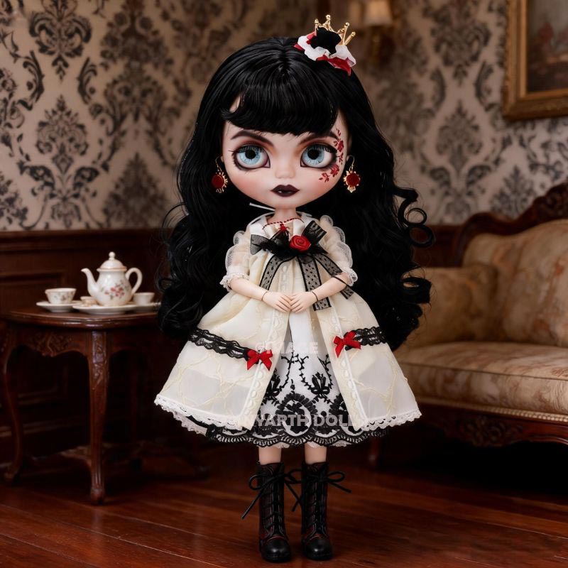 Gothic Blood Princess Dress for 30cm Dolls, Black White Red Victorian Gown, Elf Ear Headband Set for 1/6 Scale Figures