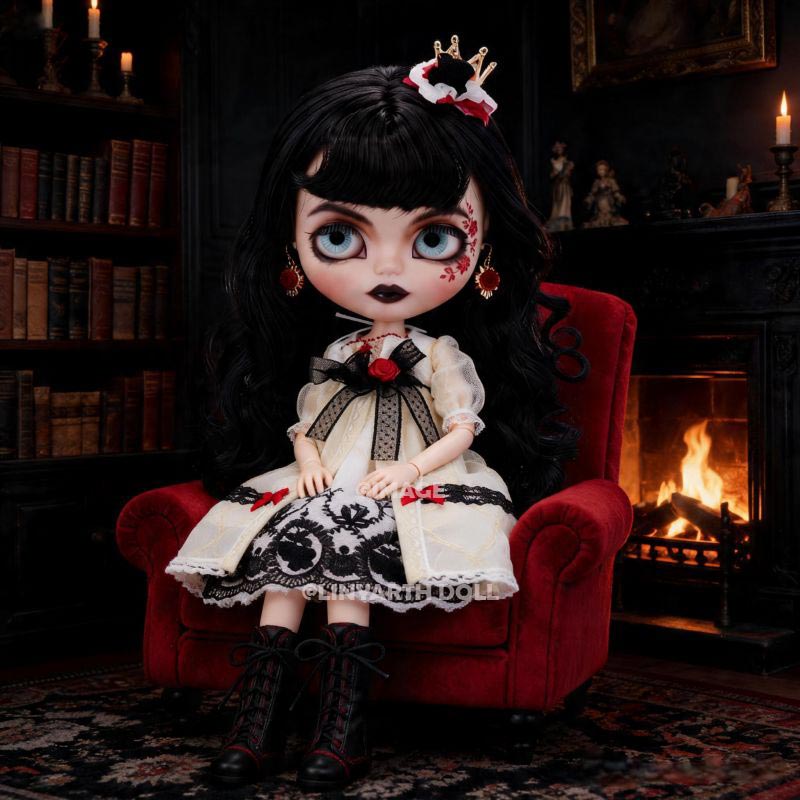 Gothic Blood Princess Dress for 30cm Dolls, Black White Red Victorian Gown, Elf Ear Headband Set for 1/6 Scale Figures