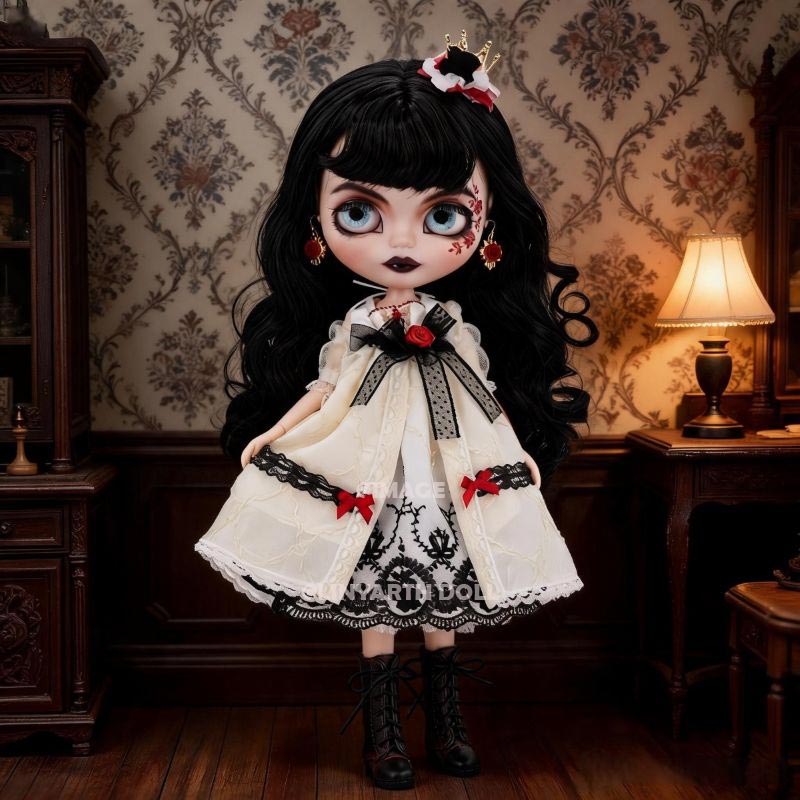 Gothic Blood Princess Dress for 30cm Dolls, Black White Red Victorian Gown, Elf Ear Headband Set for 1/6 Scale Figures