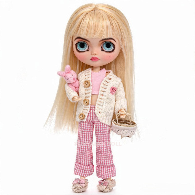 Preppy Style Clothes for 1/6 Scale Dolls, Pink Checkerboard Pants, V-Neck Knitted Cardigan Set for 30cm Dolls