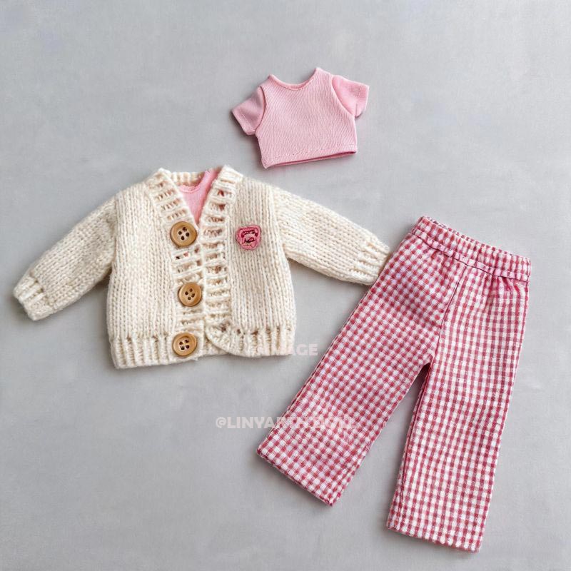 Preppy Style Clothes for 1/6 Scale Dolls, Pink Checkerboard Pants, V-Neck Knitted Cardigan Set for 30cm Dolls