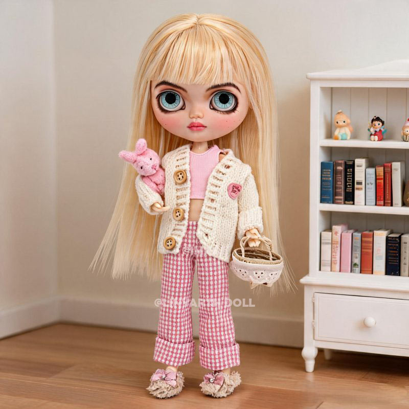 Preppy Style Clothes for 1/6 Scale Dolls, Pink Checkerboard Pants, V-Neck Knitted Cardigan Set for 30cm Dolls