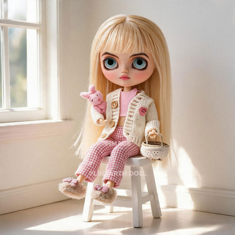 Preppy Style Clothes for 1/6 Scale Dolls, Pink Checkerboard Pants, V-Neck Knitted Cardigan Set for 30cm Dolls