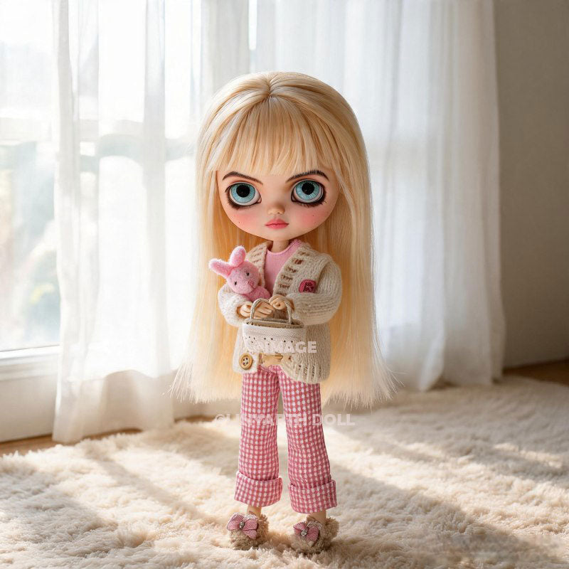 Preppy Style Clothes for 1/6 Scale Dolls, Pink Checkerboard Pants, V-Neck Knitted Cardigan Set for 30cm Dolls