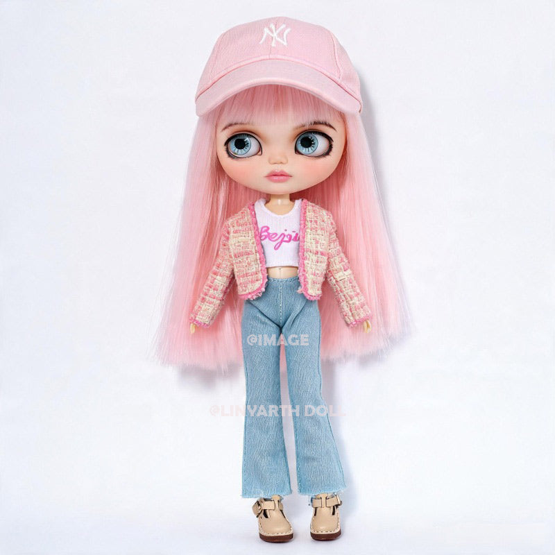 30cm Dolls Pink Tweed Jacket Set, Y2K Denim Flare Pants, Baseball Cap Streetwear for 1/6 Scale Figures