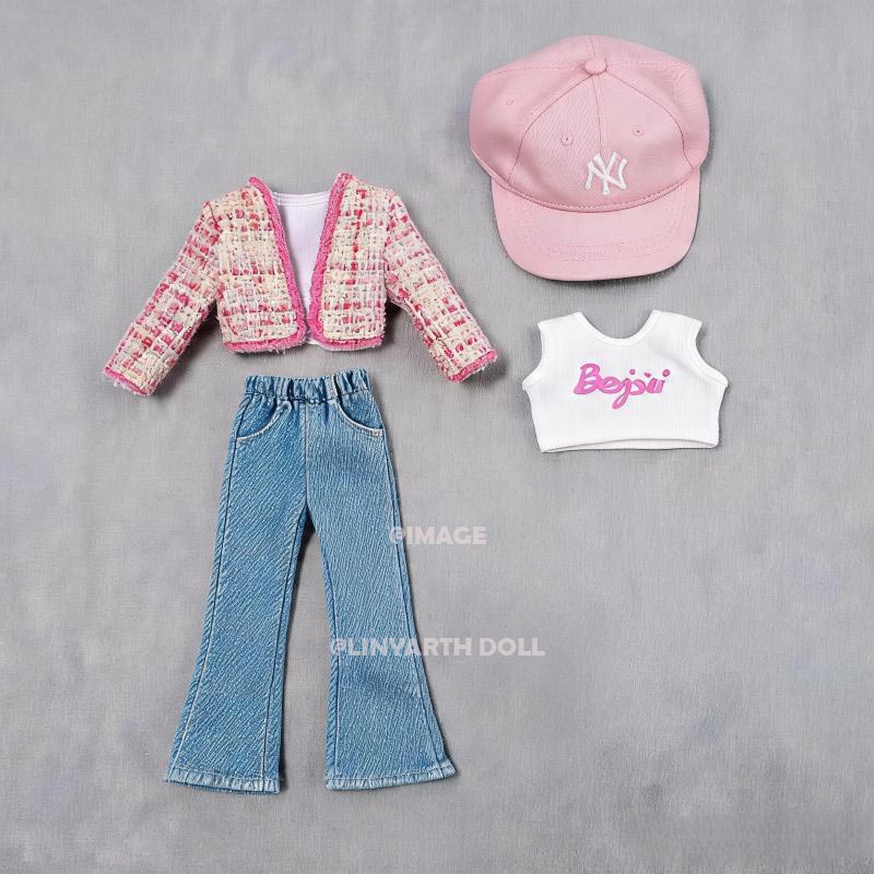 30cm Dolls Pink Tweed Jacket Set, Y2K Denim Flare Pants, Baseball Cap Streetwear for 1/6 Scale Figures