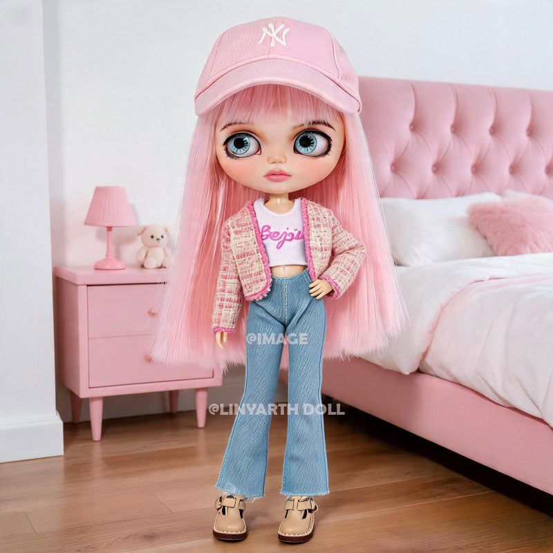 30cm Dolls Pink Tweed Jacket Set, Y2K Denim Flare Pants, Baseball Cap Streetwear for 1/6 Scale Figures