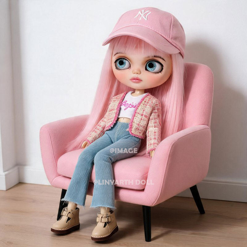 30cm Dolls Pink Tweed Jacket Set, Y2K Denim Flare Pants, Baseball Cap Streetwear for 1/6 Scale Figures
