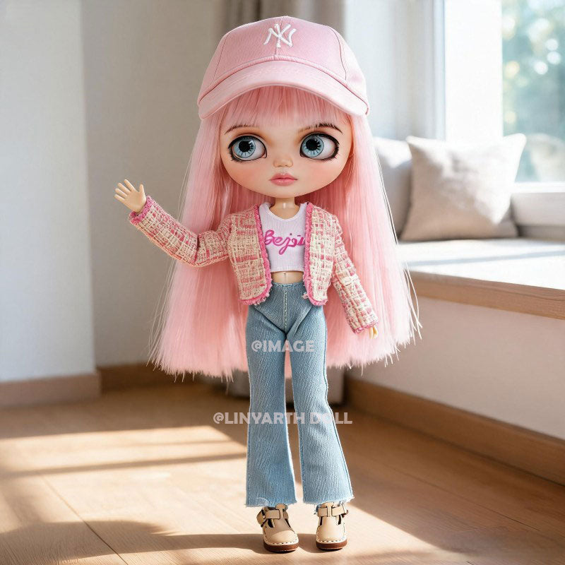30cm Dolls Pink Tweed Jacket Set, Y2K Denim Flare Pants, Baseball Cap Streetwear for 1/6 Scale Figures