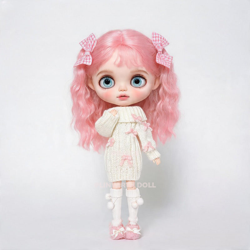 Handmade Cable Knit Sweater Dress for 30cm Dolls, Creamy White Bow Tie Jumper with Socks, Cozy Fall Outfit for 1/6 Scale