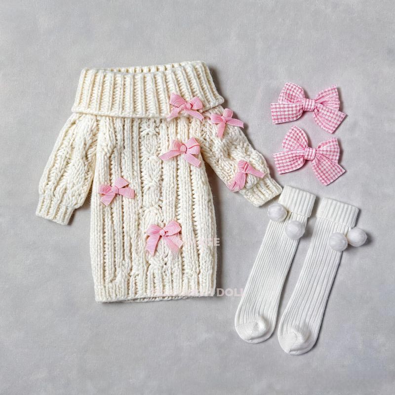 Handmade Cable Knit Sweater Dress for 30cm Dolls, Creamy White Bow Tie Jumper with Socks, Cozy Fall Outfit for 1/6 Scale