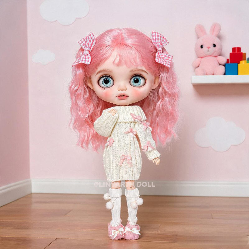 Handmade Cable Knit Sweater Dress for 30cm Dolls, Creamy White Bow Tie Jumper with Socks, Cozy Fall Outfit for 1/6 Scale