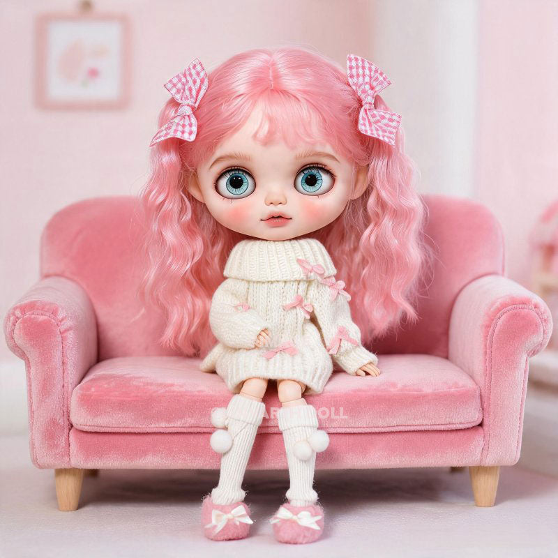 Handmade Cable Knit Sweater Dress for 30cm Dolls, Creamy White Bow Tie Jumper with Socks, Cozy Fall Outfit for 1/6 Scale