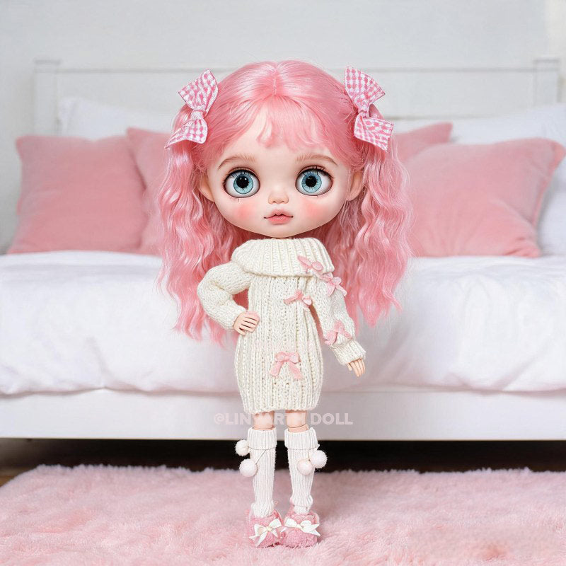 Handmade Cable Knit Sweater Dress for 30cm Dolls, Creamy White Bow Tie Jumper with Socks, Cozy Fall Outfit for 1/6 Scale