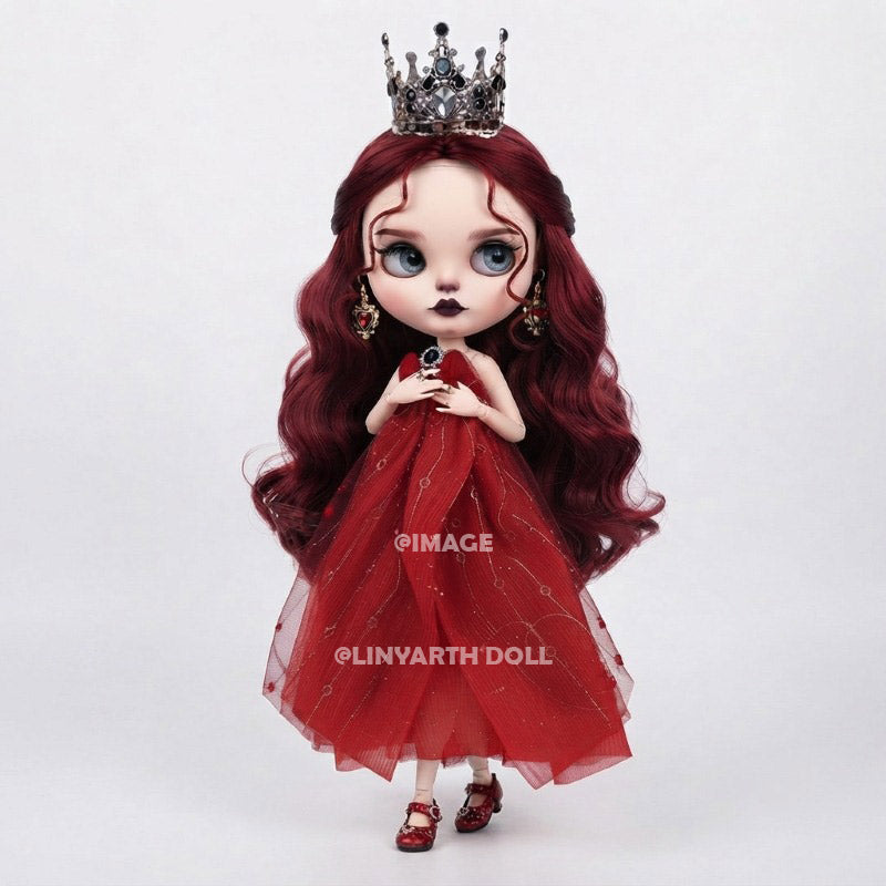 Elegant Ruby Princess Dress for 30cm Dolls, Red Tulle Gown with Silver Crystal Crown, Heart Earrings Set for 1/6 Scale