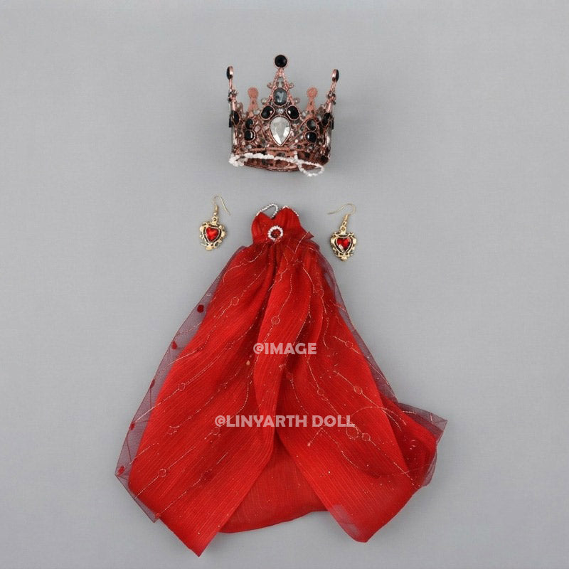 Elegant Ruby Princess Dress for 30cm Dolls, Red Tulle Gown with Silver Crystal Crown, Heart Earrings Set for 1/6 Scale