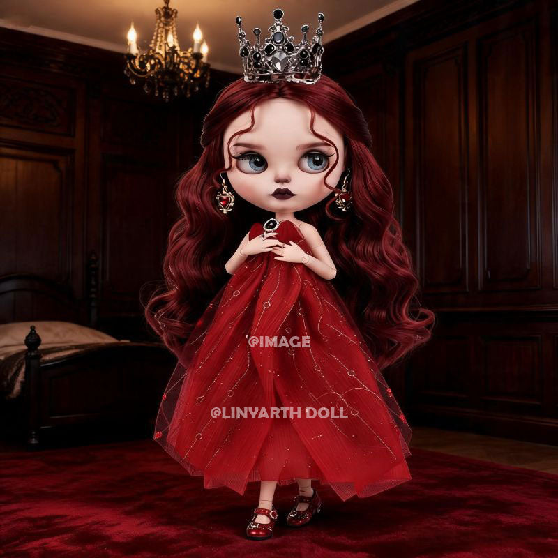 Elegant Ruby Princess Dress for 30cm Dolls, Red Tulle Gown with Silver Crystal Crown, Heart Earrings Set for 1/6 Scale