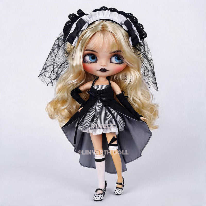 Gothic Lolita Maid Costume for 1/6 Scale Dolls, 30cm BJD Neo Blythe Outfit Set with Headpiece