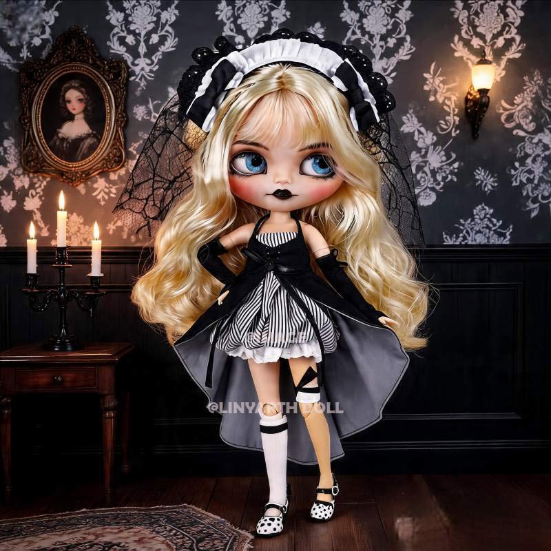 Gothic Lolita Maid Costume for 1/6 Scale Dolls, 30cm BJD Neo Blythe Outfit Set with Headpiece