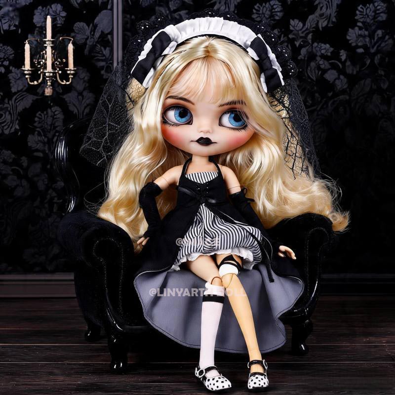 Gothic Lolita Maid Costume for 1/6 Scale Dolls, 30cm BJD Neo Blythe Outfit Set with Headpiece
