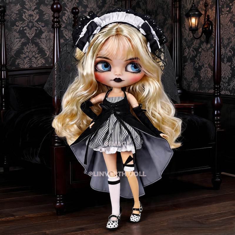 Gothic Lolita Maid Costume for 1/6 Scale Dolls, 30cm BJD Neo Blythe Outfit Set with Headpiece